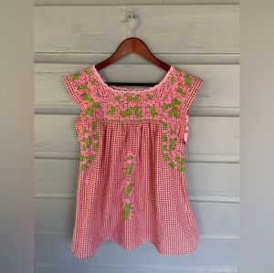 Mi Golondrina Pink & Green Gingham Floral Embrodiered Mexican Top Medium